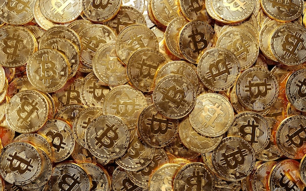 Montón de ilustración de renderizado 3D de Bitcoin dorado