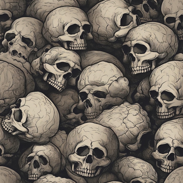 Montón inconsútil de calaveras en una ilustración de aspecto grungy dibujada a mano