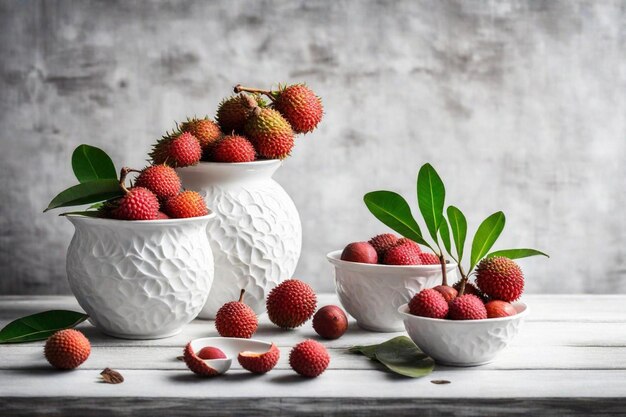 un montón de jarrones blancos con algunas fresas y una planta