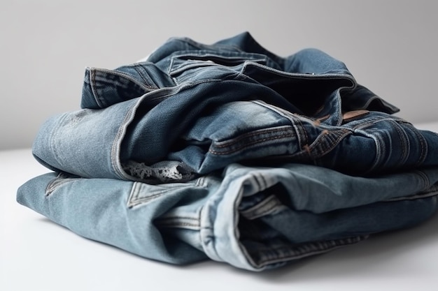 Un montón de jeans azules con la palabra denim en la parte inferior.