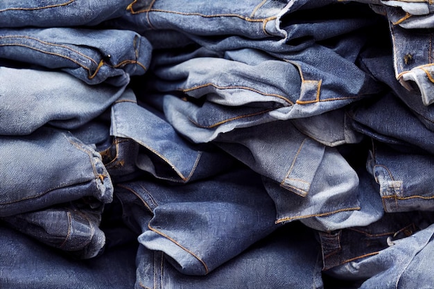 Un montón de jeans azules con la palabra denim en la parte inferior