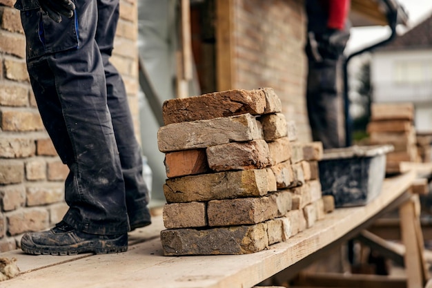 Montón de ladrillos en un andamio con trabajadores construyendo una pared de ladrillos