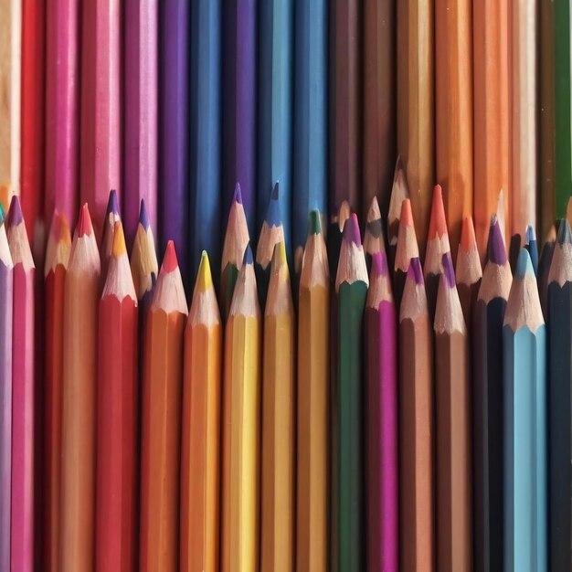 Un montón de lápices de colores están alineados en una fila