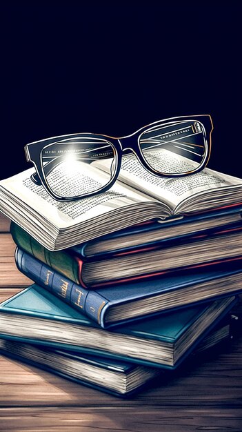 Montón de libros antiguos con las gafas en la parte superior generativa ai