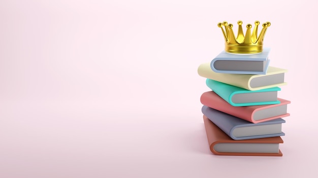 Montón de libros de colores con una corona dorada sobre fondo pastel 3D rendering