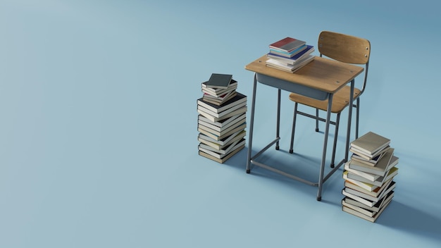 Un montón de libros están apilados junto al escritorio de la escuela para estudiar para el examen renderizado en 3D