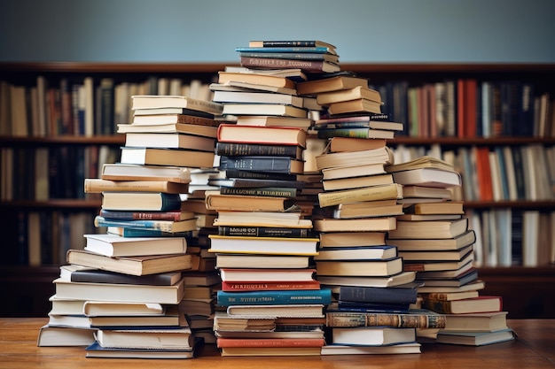 Montón de libros sobre la mesa en la biblioteca IA generativa