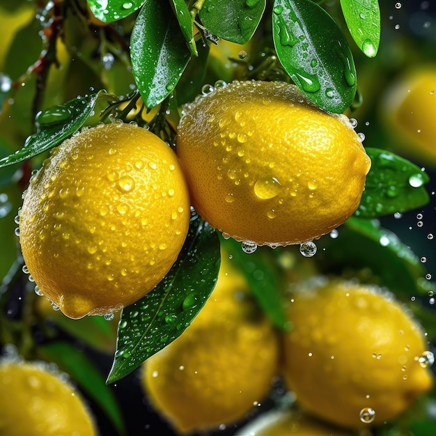 Un montón de limones cuelgan de un árbol con gotas de agua sobre ellos.