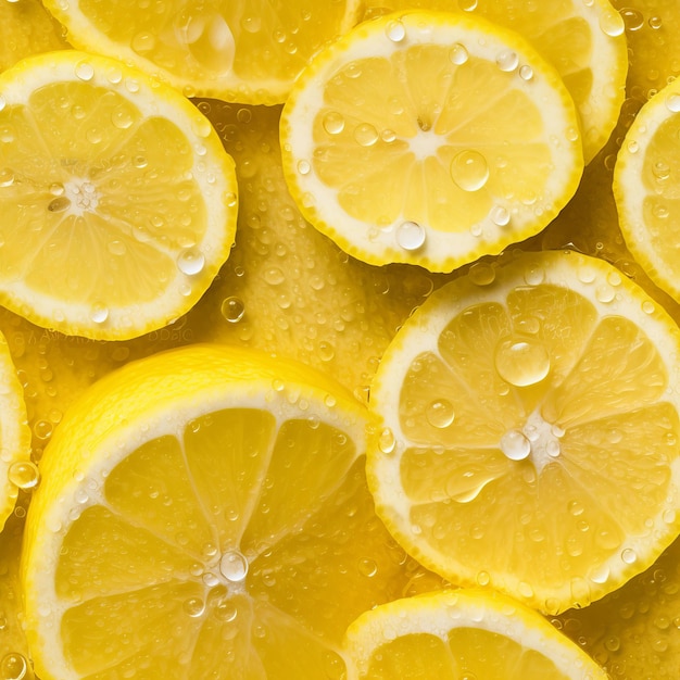 Un montón de limones están alineados con gotas de agua.