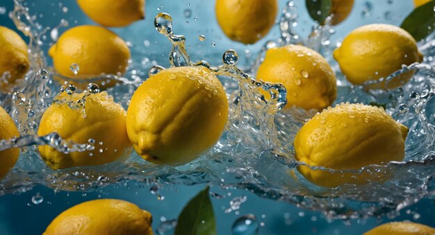 Foto un montón de limones están siendo salpicados con agua