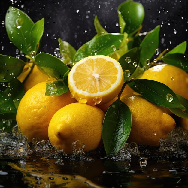 Un montón de limones con hojas verdes y la palabra limón.