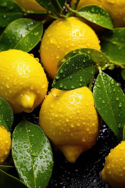 Un montón de limones con hojas verdes