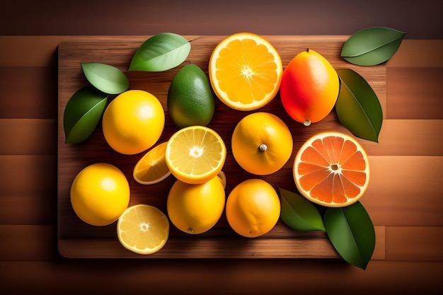 Un montón de limones y naranjas en una tabla de madera.