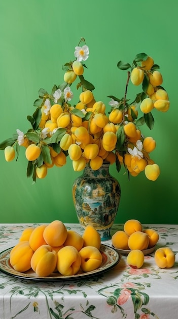 Un montón de limones y una pared verde detrás de ellos.