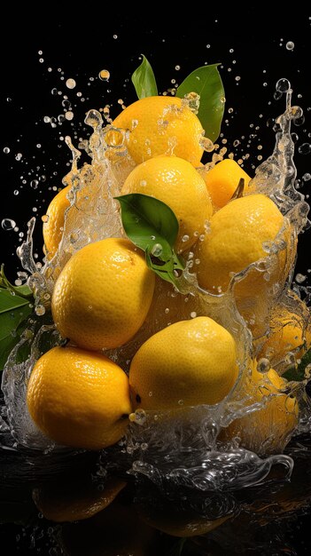 un montón de limones que están en un cuenco con salpicaduras de agua