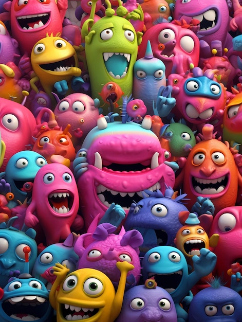 Un montón de lindos monstruos coloridos renderizado 3d generado ai