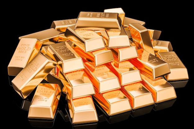 Un montón de lingotes de oro en un fondo negro renderizado en 3D
