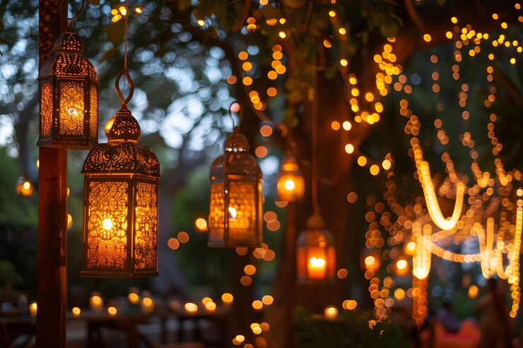 un montón de linternas con luces colgando de un árbol en el fondo