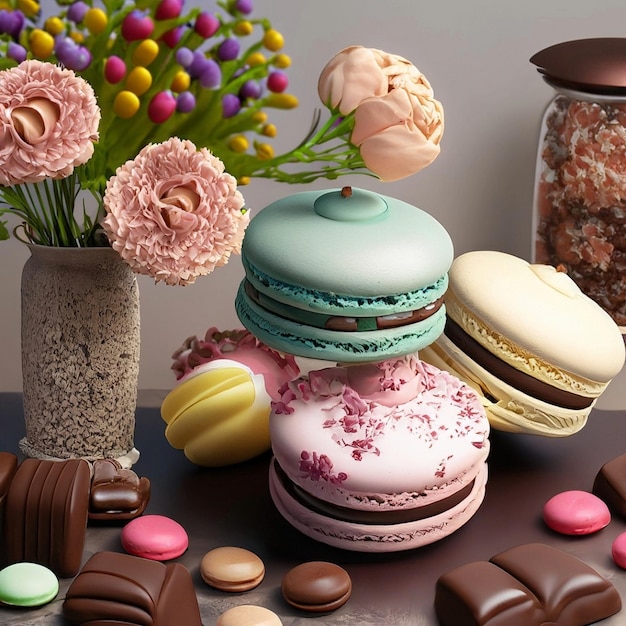 un montón de macarrones y flores sobre una mesa con chocolates y barras de caramelo