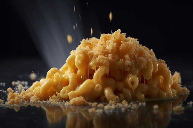 Un montón de macarrones con queso sobre una mesa negra.