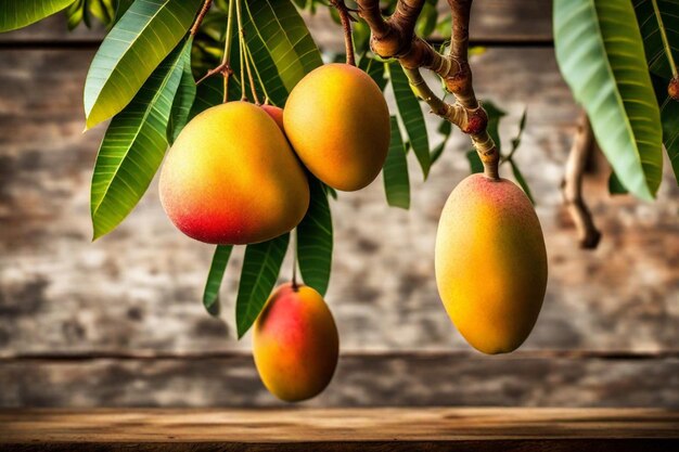 un montón de mangos colgando de una rama de árbol