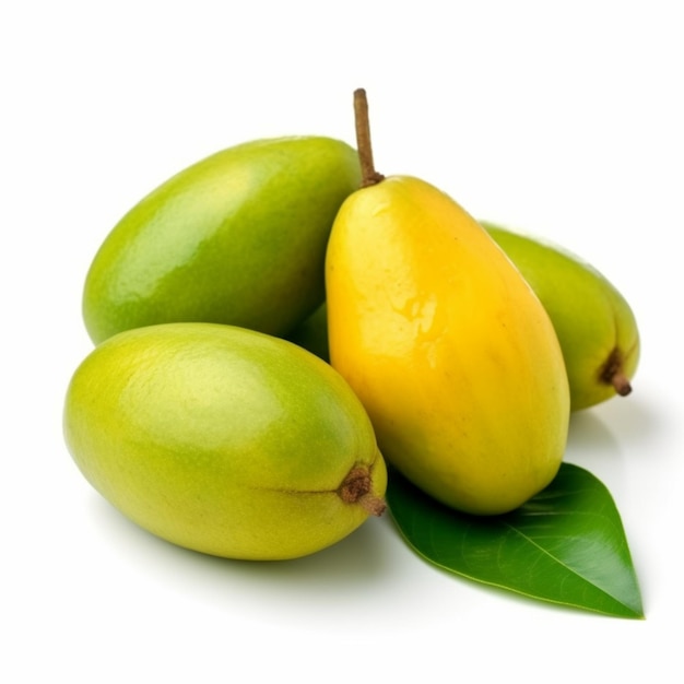 Foto un montón de mangos con hojas verdes sobre un fondo blanco.