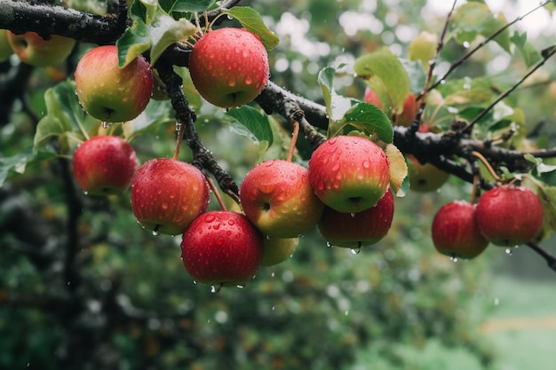 Un montón de manzanas en un árbol con gotas de lluvia sobre ellas