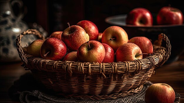 Un montón de manzanas en una canasta con fondo negro y desenfoque