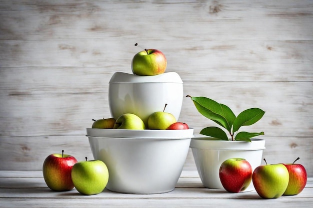 Foto un montón de manzanas están en una mesa con un cuenco de manzanas