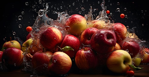 Un montón de manzanas están siendo rociadas con agua.