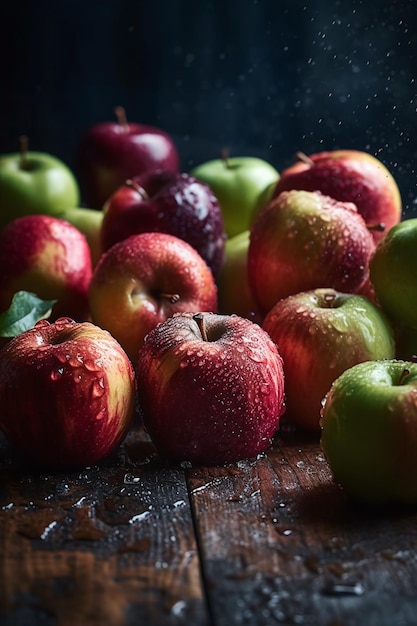 Un montón de manzanas en una mesa con gotas de agua sobre ellas