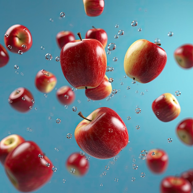 Un montón de manzanas rojas flotan en el aire.