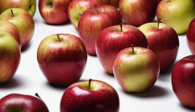 Un montón de manzanas rojas y verdes en una mesa blanca