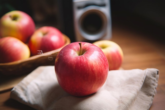 Un montón de manzanas sobre una mesa con un altavoz detrás