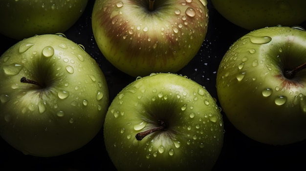 Un montón de manzanas verdes con gotas de agua sobre ellas