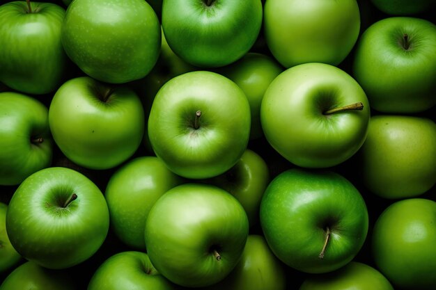 Un montón de manzanas verdes con una que dice 'manzana'