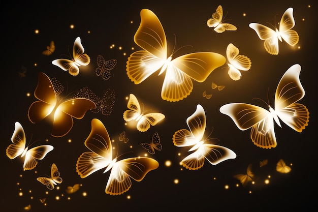 Montón de mariposas amarillas volando en el aire con destellos en ellas IA generativa