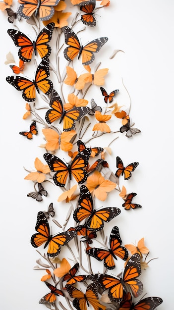 un montón de mariposas que están sobre un fondo blanco