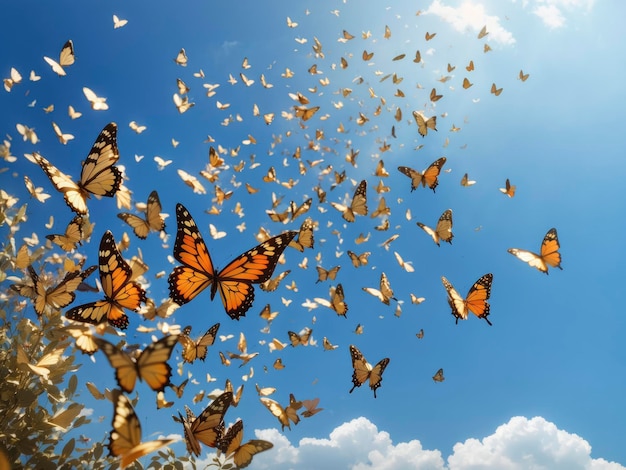 un montón de mariposas volando en el aire con un cielo azul de fondo