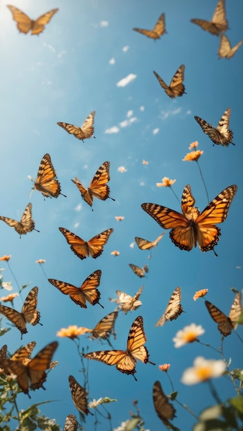 un montón de mariposas volando en el aire sobre un campo de flores