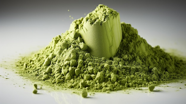 montón de matcha en polvo de té verde aislado sobre un fondo blanco