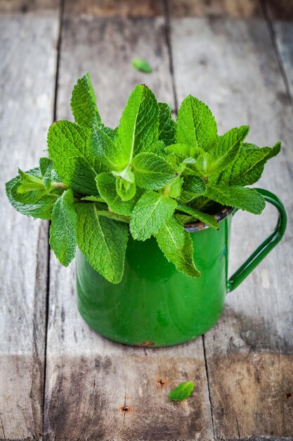 Montón de menta fresca orgánica en la taza sobre un fondo rústico