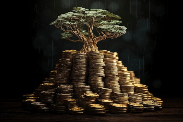 Un montón de monedas con un árbol que crece en él