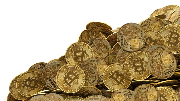 Foto un montón de monedas de bitcoin amontonadas en 3d