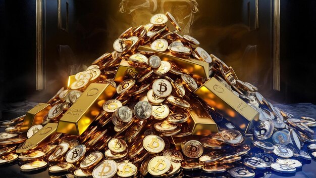 Foto un montón de monedas de bitcoin y barras de oro