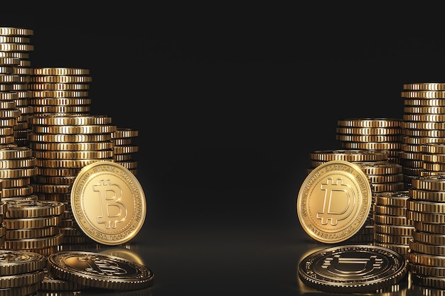 Un montón de monedas de criptomonedas entre Bitcoin (BTC) y Dogecoin (DOGE) en una escena negra, moneda digital para la promoción financiera del intercambio de tokens. Representación 3d