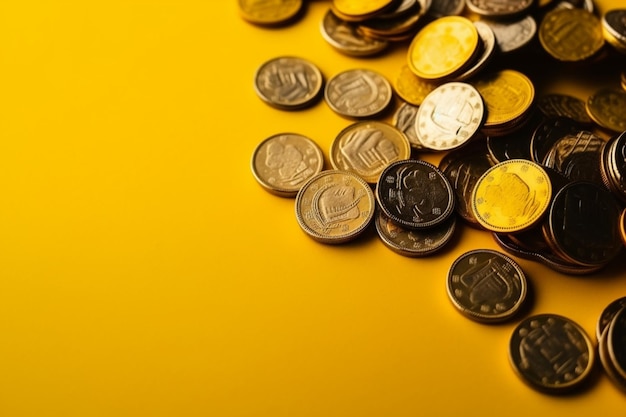 Un montón de monedas de dinero sobre fondo amarillo