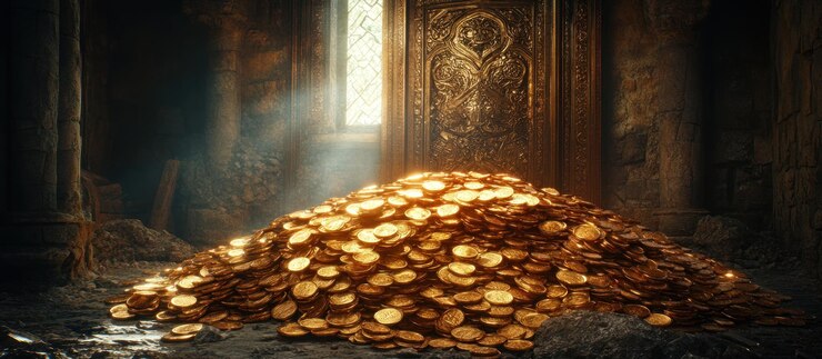 Un montón de monedas de oro en una habitación oscura