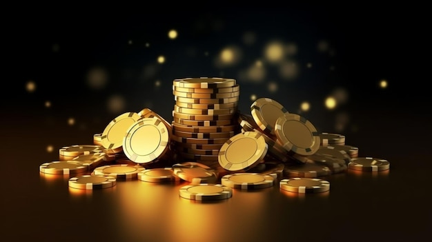 Un montón de monedas de oro en una mesa con un fondo oscuro generativo ai