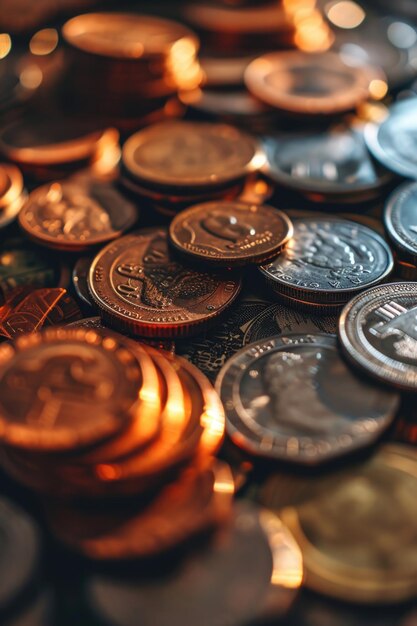 Un montón de monedas en la parte superior de una mesa adecuado para la financiación, el ahorro, la inversión y los conceptos relacionados con el dinero
